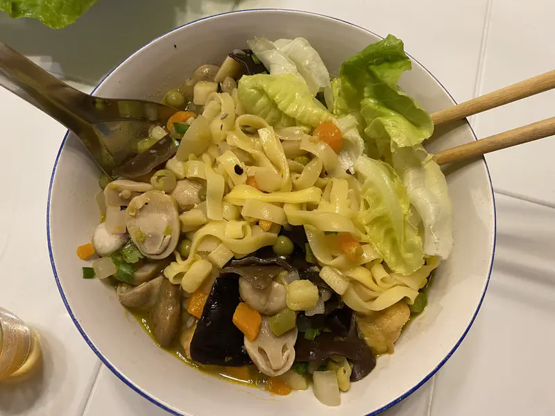 Bowl of noodles with mushrooms, vegetables, and lettuce leaves.  