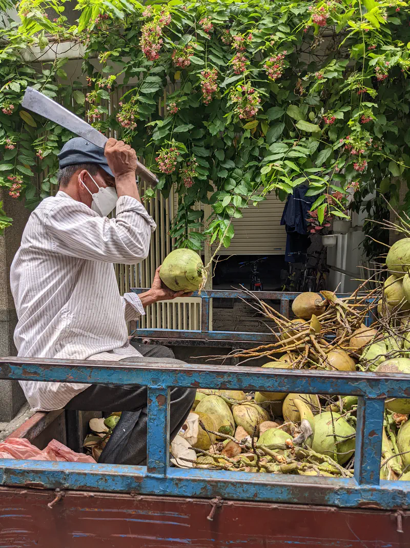 Street vendor sitting on a cart chopping open a coconut with a machete.