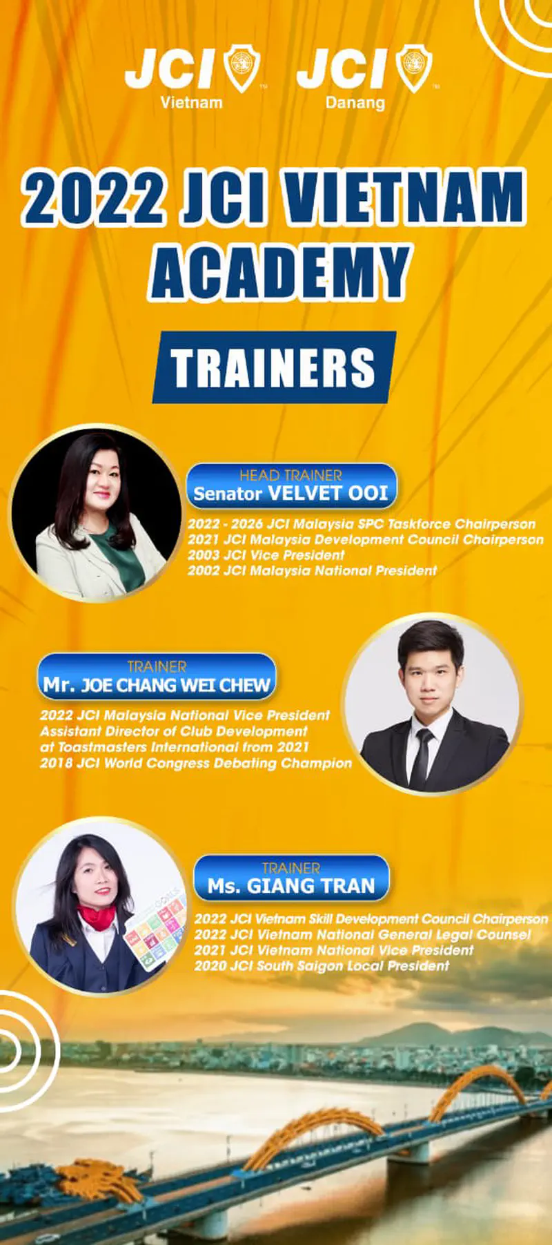 Promotional poster for the 2022 JCI Vietnam Academy featuring trainers Senator Velvet Ooi, Mr. Joe Chang Wei Chew, and Ms. Giang Tran with their titles and achievements.