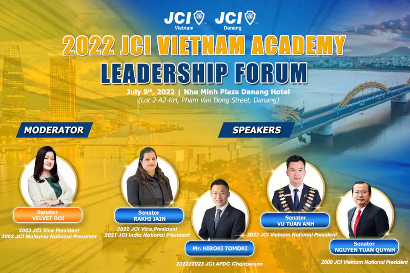 Poster for the 2022 JCI Vietnam Academy Leadership Forum held in Da Nang, listing moderator Velvet Ooi and speakers Rakhi Jain, Hiroki Tomori, Vu Tuan Anh, and Nguyen Tuan Quynh.