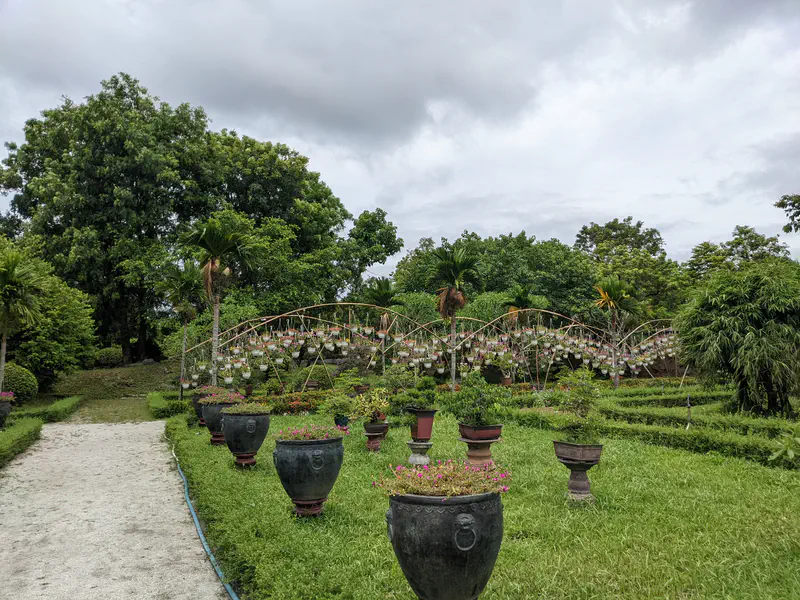 Garden with rows of potted plants and hanging decorations surrounded by greenery.