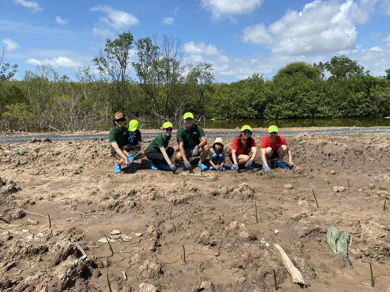 Group of volunteers wearing bright caps crouching in a muddy field while planting mangrove seedlings.