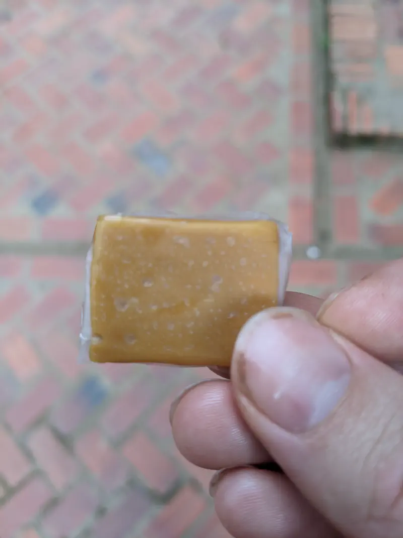 Hand holding a small piece of wrapped coconut candy.