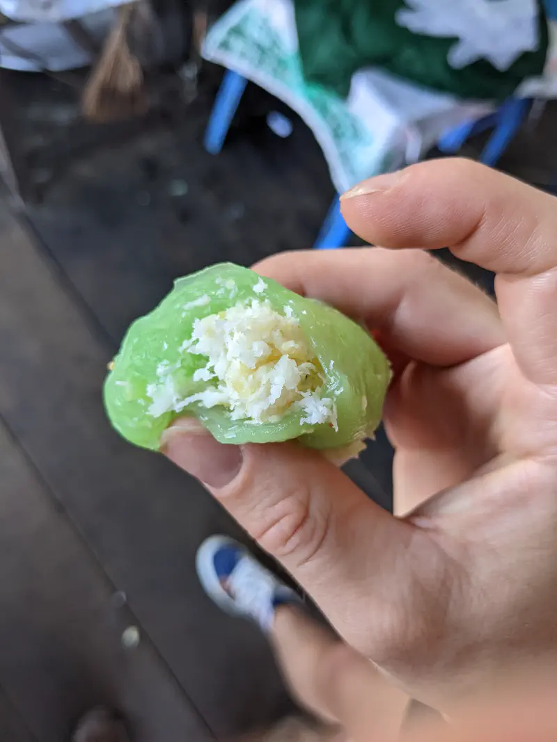 Hand holding a bitten green rice cake with coconut filling.